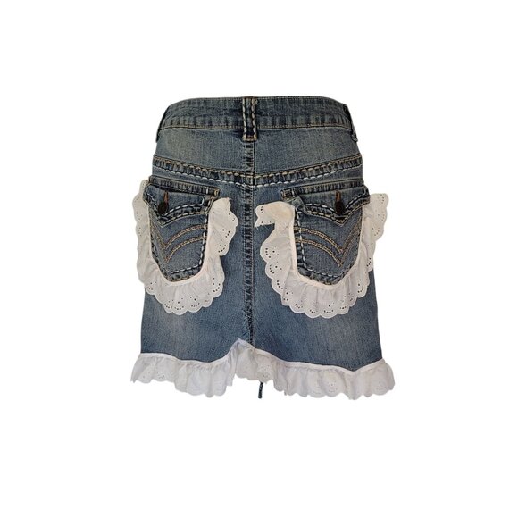 Denim Half Apron White Eyelet Lace Trim & Back Pockets - Picture 1 of 6